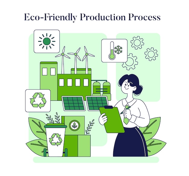 Vector sustainable industry concept woman with clipboard oversees an ecofriendly production process