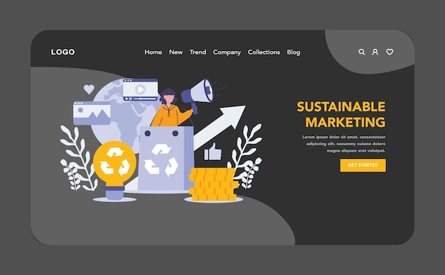 Vector sustainable marketing night or dark mode web or landing page concept ecofriendly strategies and