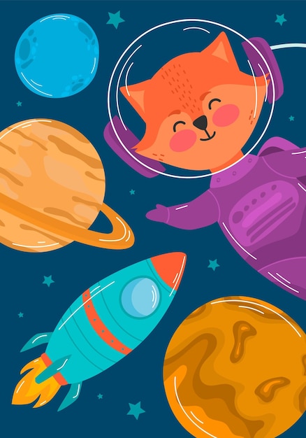 Sute astronaut cartoon style vector illustration Cartoon cosmonaut funny fox in space suit Planets of Solar System