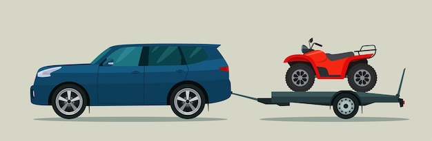 SUV car tows a trailer with a ATV.  flat style illustration.