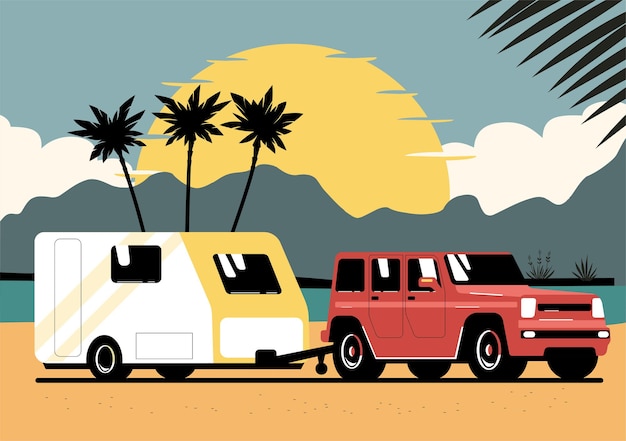 suv car and trailer caravan on background landscape. vector illustration.