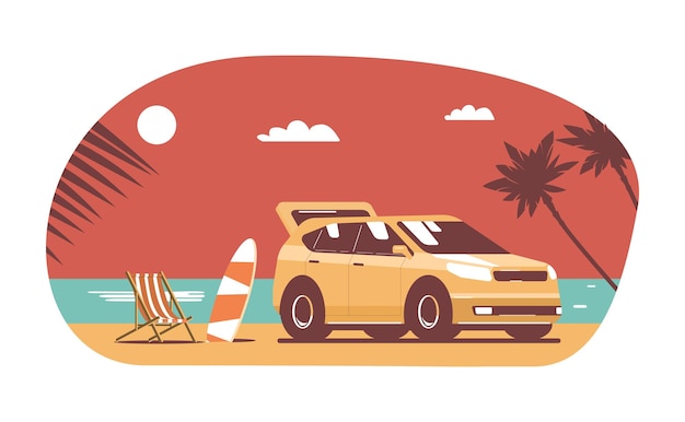 SUV car with luggage on background of abstract tropical landscape. Vector flat style illustration.