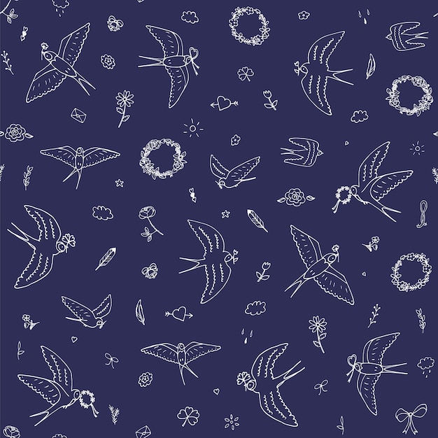 Swallow bird vector romantic seamless pattern