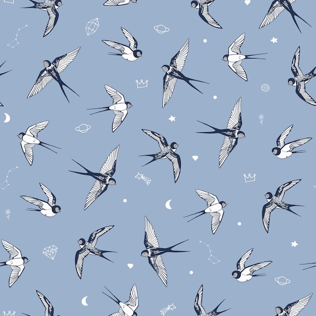 Swallow bird vector seamless pattern