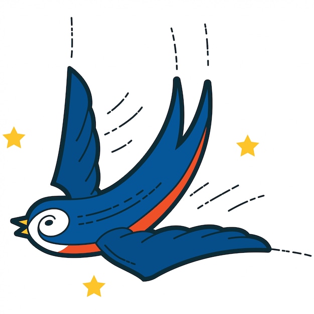 Swallow with stars cartoon traditional retro .