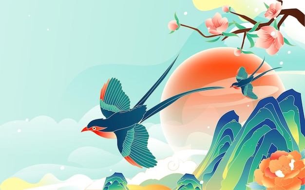 Swallows fly in the sky in spring with mountains and plants in the background, vector illustration