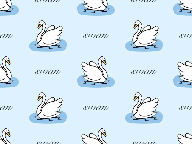 Swan cartoon character seamless pattern on blue background