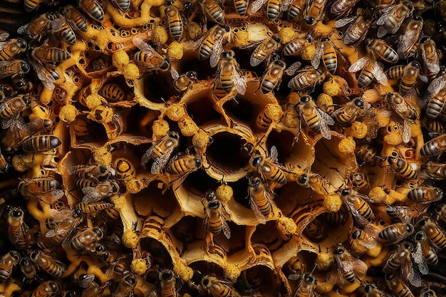 Vector swarm of honey bees on honeycomb