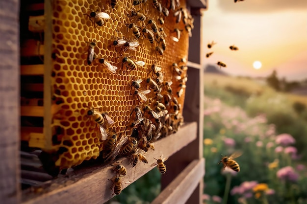 Vector swarm of honey bees on honeycomb