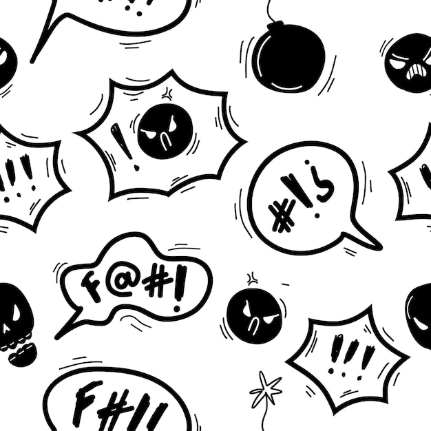 Swear angry doodle seamless pattern Sketch hand drawn speech bubble with swear words symbols Comic