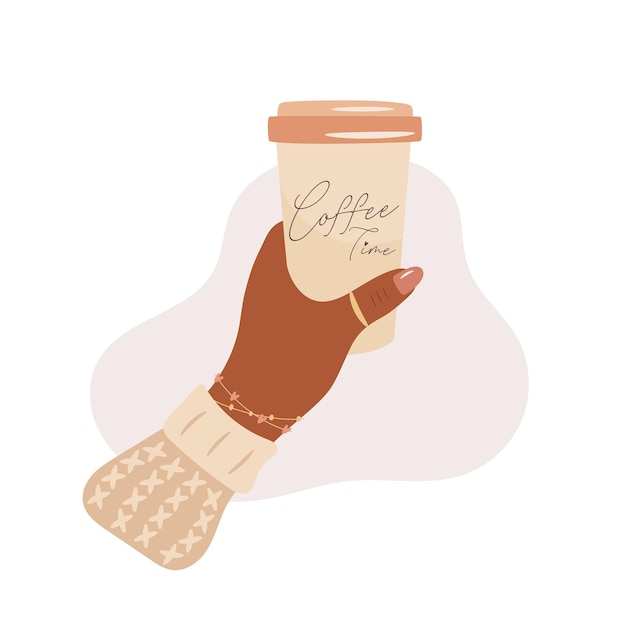 Sweater weather concept Woman hand holding hot coffee cup Vector illustration