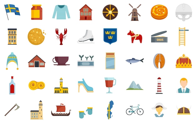 Sweden icons set. Flat set of Sweden vector icons isolated on white background