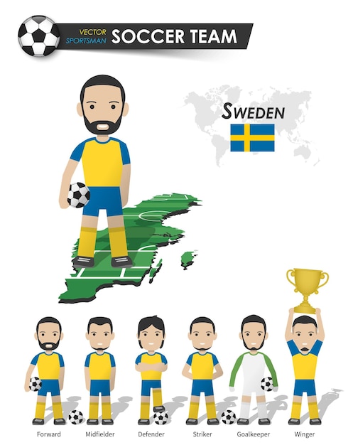 Sweden national soccer cup team . Football player with sports jersey stand on perspective field country map and world map . Set of footballer positions . Cartoon character flat design . Vector .