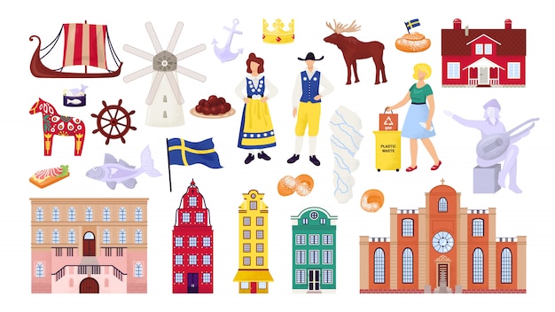 Sweden symbols set with Stockholm city buildings, sightseeings and landmarks, swedes people  illustrations. Scandinavian culture, nordic ship, map and flag, travel souvenirs.