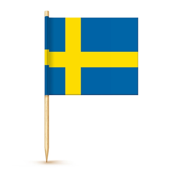 Swedish toothpick flag isolated on wood stick paper Realistic little tooth pick  Vector cocktail