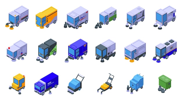 Sweeper icons set isometric vector Street truck