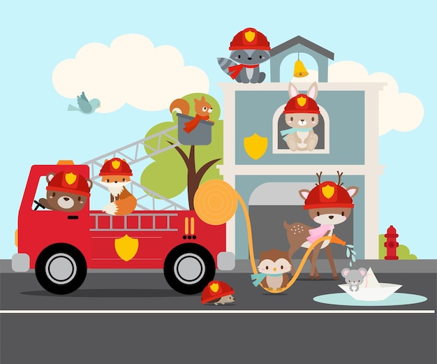 Sweet Animal Firefighters illustration with cute woodland animals