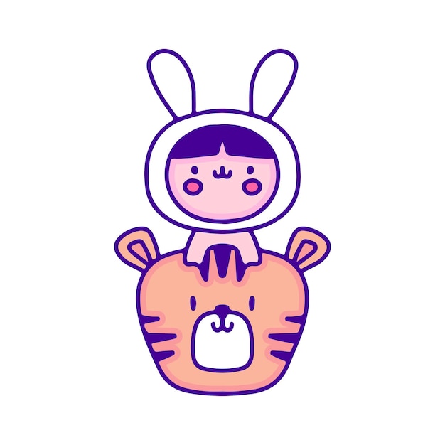 Sweet baby in bunny costume with tiger doodle art, illustration for t-shirt, sticker, or apparel.