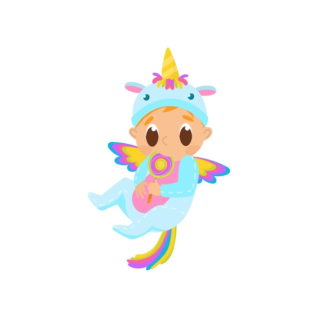 Sweet baby in unicorn costume with wings sitting on the floor vector Illustration on a white background