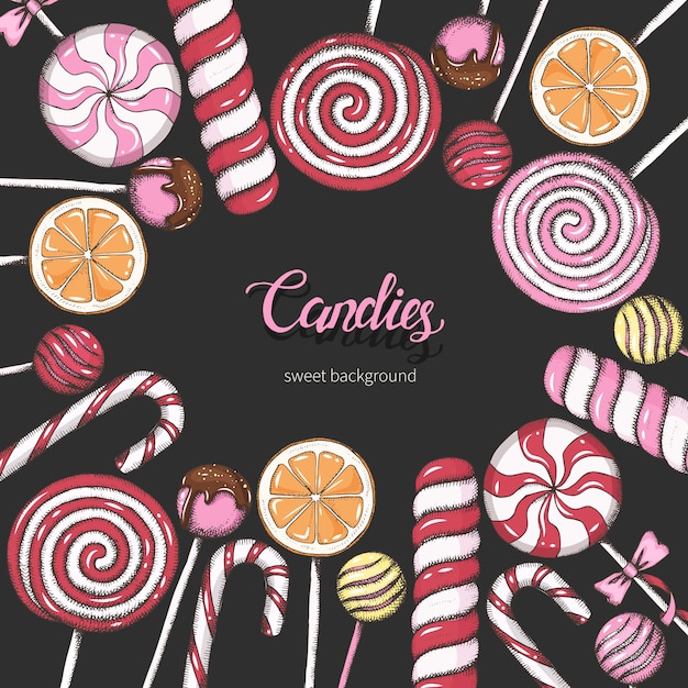 Sweet background with lollipops on black. Candy shop. Hand written Lettering.