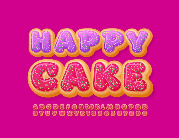  sweet banner Happy Cake with Red Glazed Font Tasty Donut Alphabet Letters and Numbers set