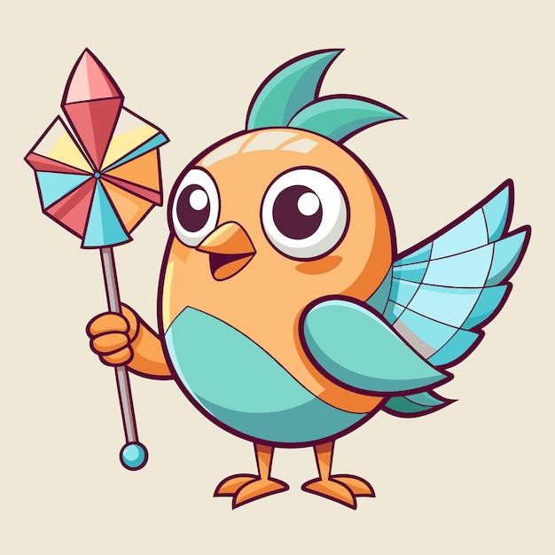 Vector sweet bird with spinning toy pinwheel cartoon vector illustration