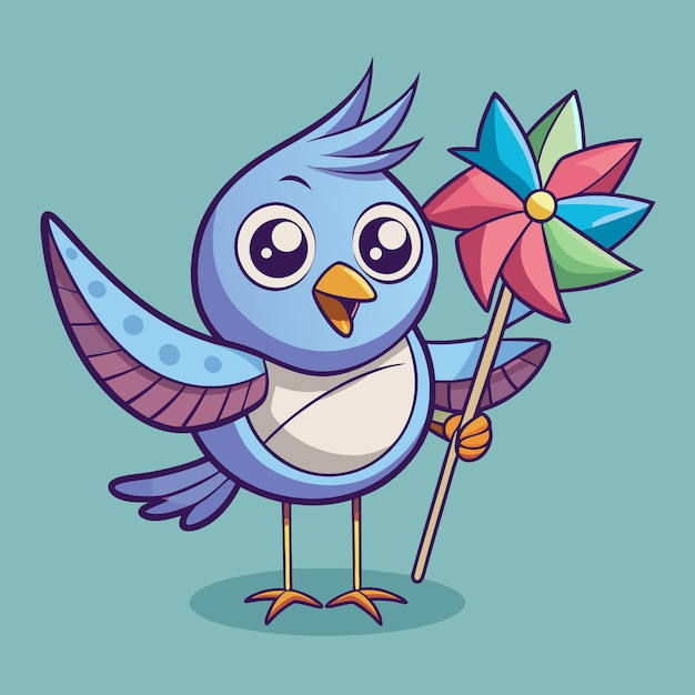 Vector sweet bird with whirling pinwheel cartoon vector illustration