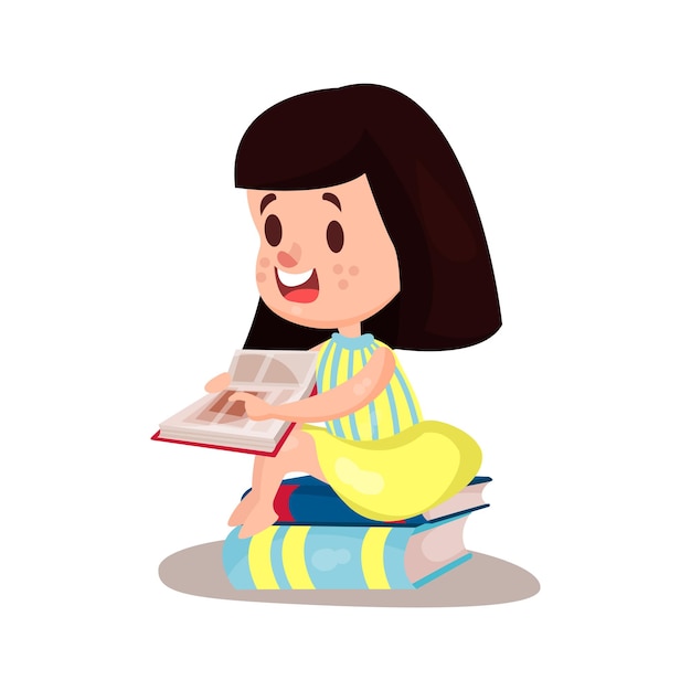 Sweet brunette girl reading a book sitting on a pile of books, education and knowledge concept, colorful character vector Illustration on a white background