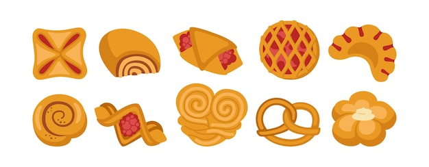 Sweet buns cartoon icon set. Design menu bakery symbol, jam puff, bun Bakery goods and wicker pretzel, bagel, croissant pastry, roll