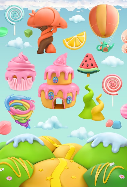 Sweet candy land, 3d vector objects set. Plasticine art illustration