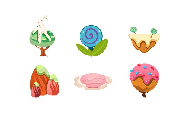 Vector sweet candy land design elements cute cartoon fantasy plants for mobile game interface vector illustration isolated on a white background