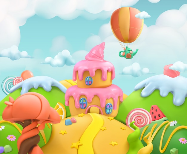 Sweet candy land, vector plasticine art illustration