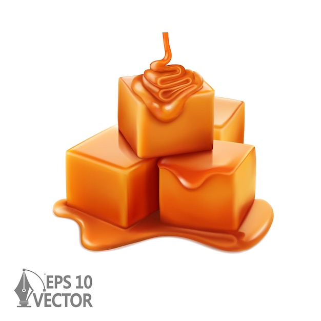 Sweet caramel set realistic vector illustration caramel pieces and liquid syrup