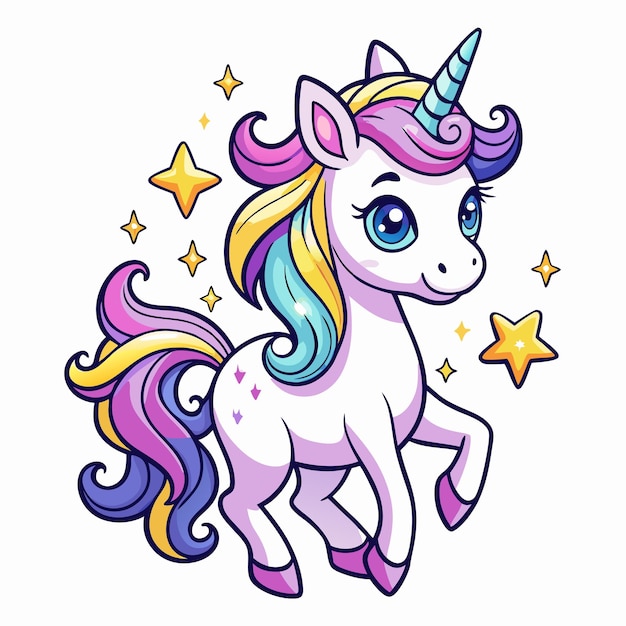 Sweet Cartoon Unicorn Surrounded by Sparkling Stars and Magical Vibes