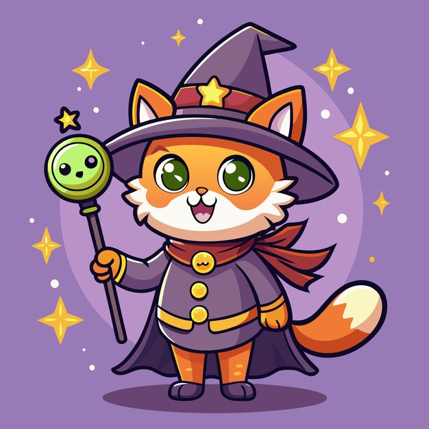 Vector sweet cat witch in spooky halloween outfit with magic stick cartoon vector illustration