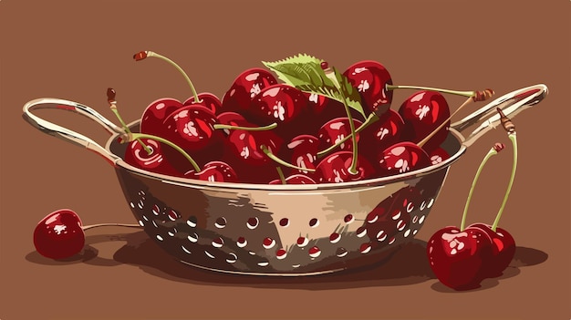 Sweet Cherries in Colander on Brown Background