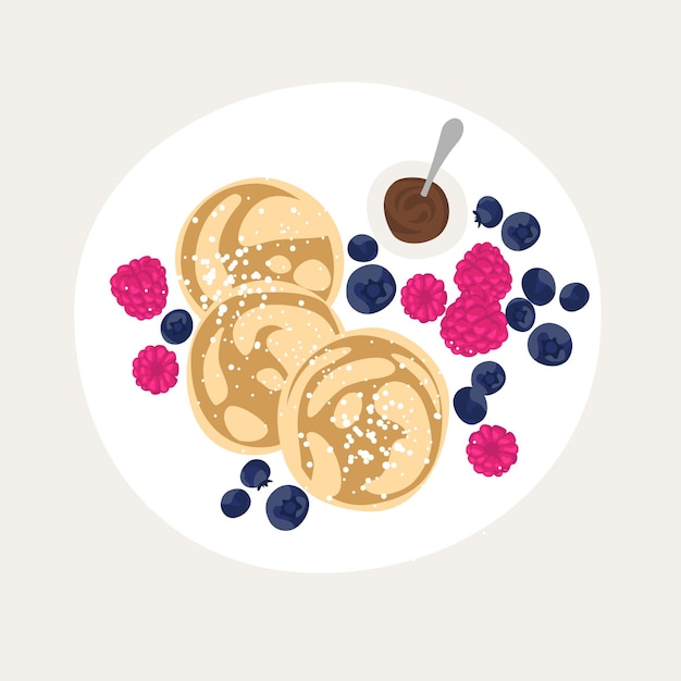 Sweet classic breakfast with pancakes. top view vector illustration. Pancakes with chocolate and berries. Plate with a beautiful breakfast. blueberries and raspberries. vector illustration