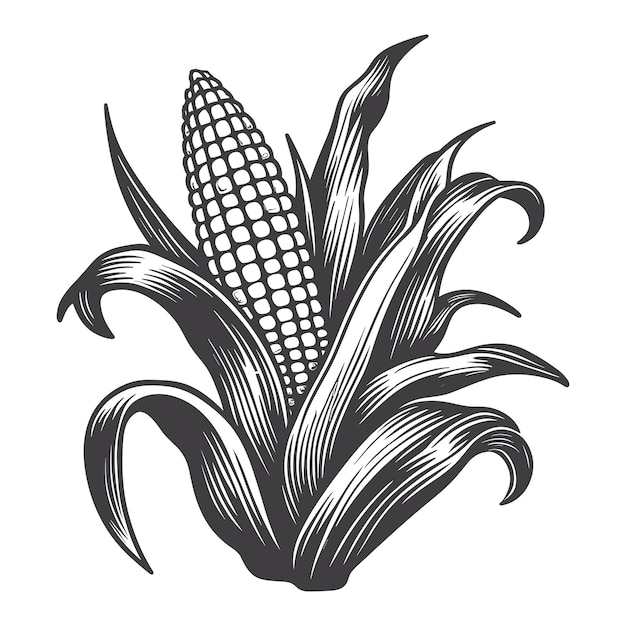 A sweet corn ear maize woodcut print or etching vintage style illustration