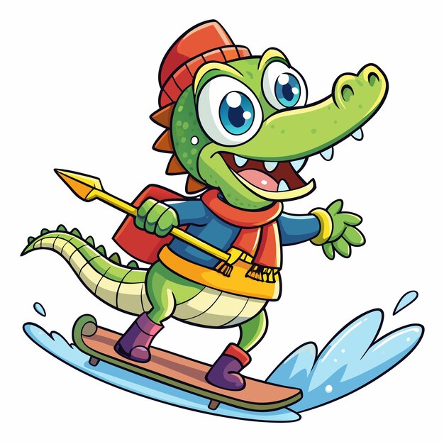 Sweet Crocodile Ice Skier Design Cartoon Vector Illustration