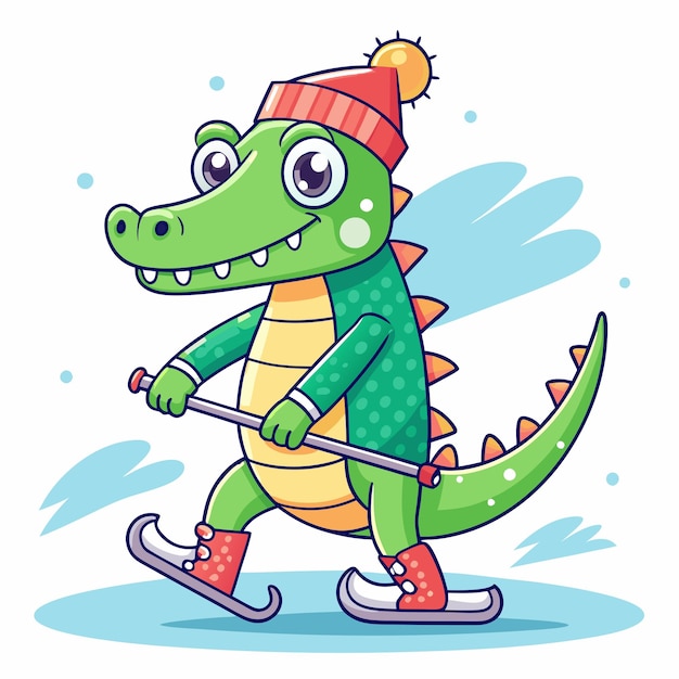 Sweet Crocodile Ice Skiing Design Cartoon Vector Illustration