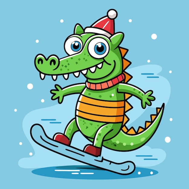 Sweet Crocodile Ice Skiing Fun Cartoon Vector Illustration