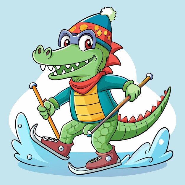 Vector sweet crocodile on ice skis cartoon vector illustration