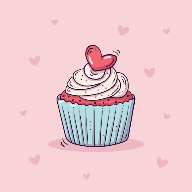 Sweet cupcake decorated with red heart in doodle style