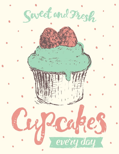 sweet cupcake, engraved retro style, hand drawn