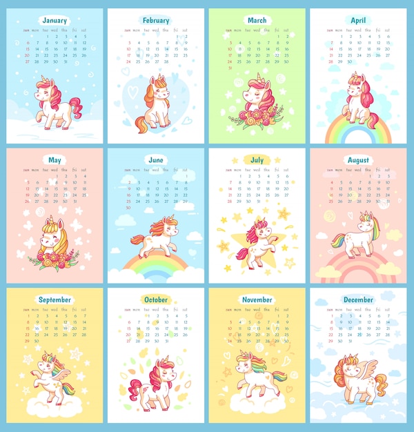 Sweet cute magic unicorn 2019 calendar for kids. Fairy unicorns with rainbow cartoon vector template for calendars design