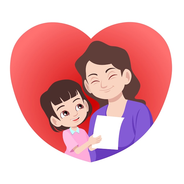 sweet daughter giving a letter or card to her mother in the heart shape