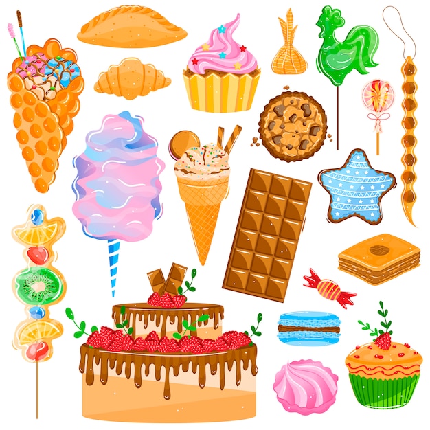 Sweet dessert pastry  illustration set, cartoon  collection cake with chocolate cream or cupcake, baked cookie, macaroon