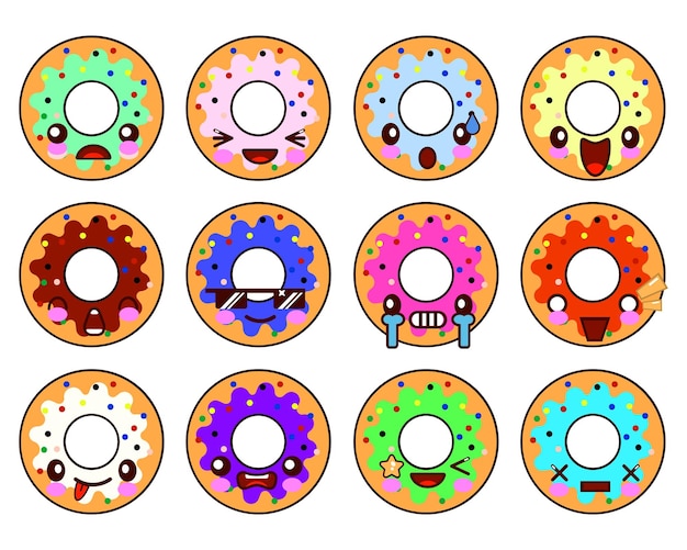 Sweet donut character kawaii with glaze set of emoji facial expressions and activities Funny food stickers vector cartoon illustration