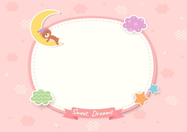 Sweet dream frame with teddy bear sleeping on pink background