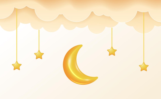 Sweet dream lullaby 3d yellow moon and star with cloud good night baby shower illustration concept